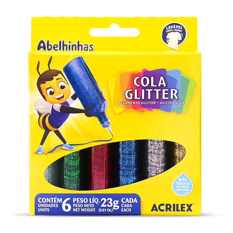 COLA COM GLITER COLORIDA ESCOLAR COM 6 TUBOS DE 23 GR