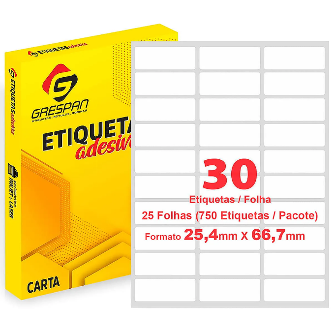 ETIQUETA A4 N° 30 3 COLUNAS 66,7 X 25,4 MM PCT. C/25 FLS